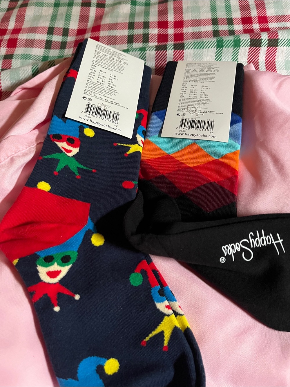 Happy Socks Navy Crew Socks with Jester Print & Multicolor Argyle